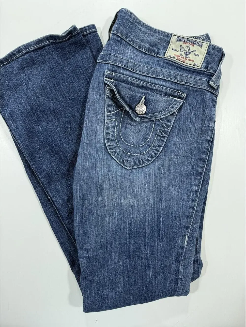 True Religion Jeans Mens 31 Boot Cut World Tour Blue Stretch Denim Made USA